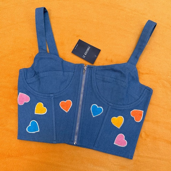 FOREVER 21 Heart graphic denim bustier crop top NWT - Picture 2 of 5